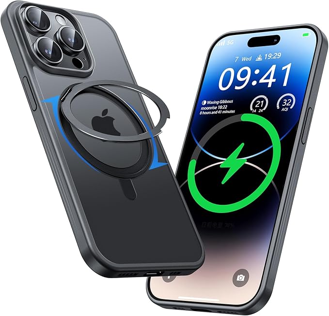 MAGIC JOHN 360° Rotatable Magnetic Invisible Stand for iPhone 15 Pro Case [Camera Control Button] [Compatible with MagSafe] 16FT Shockproof for iPhone 15 Pro Case with Kickstand, Black