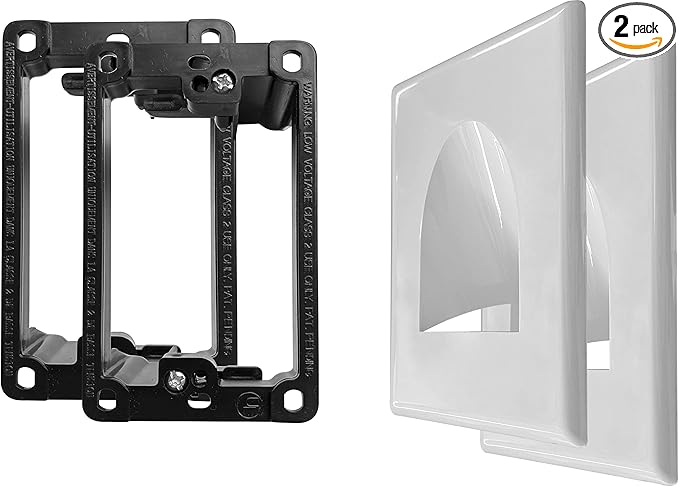 2 Pack Wall Plate Cable Pass Through with Bracket - In Wall Cable Management Kit - Snap ON Wall Plate with Single Gang Low Voltage Mounting Bracket - Decorator Cover for Low Voltage Cables