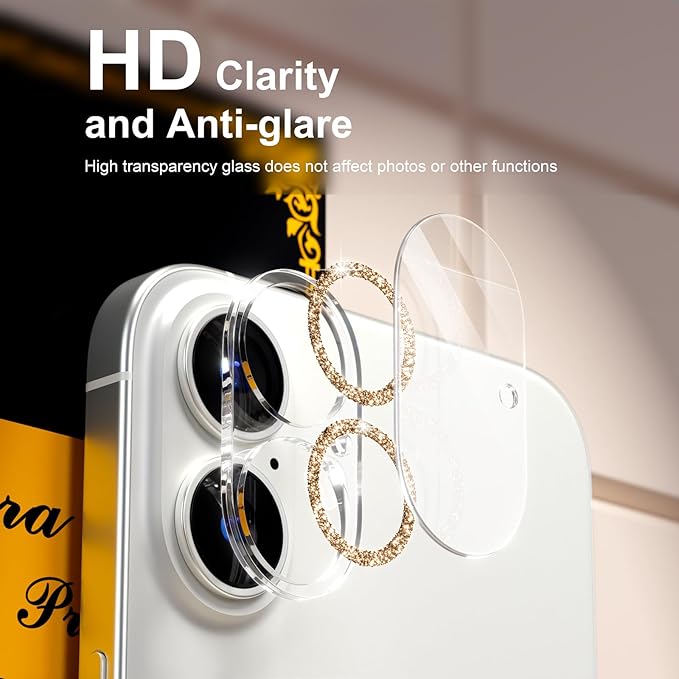 beuxece for 6 Pack iPhone 16 / iPhone 16 Plus Camera Lens Protector [Drop Protection] [Case Friendly] [Easy Installation] 9H Tempered Glass Camera Screen Protector Cover Accessories, Glitter Gold