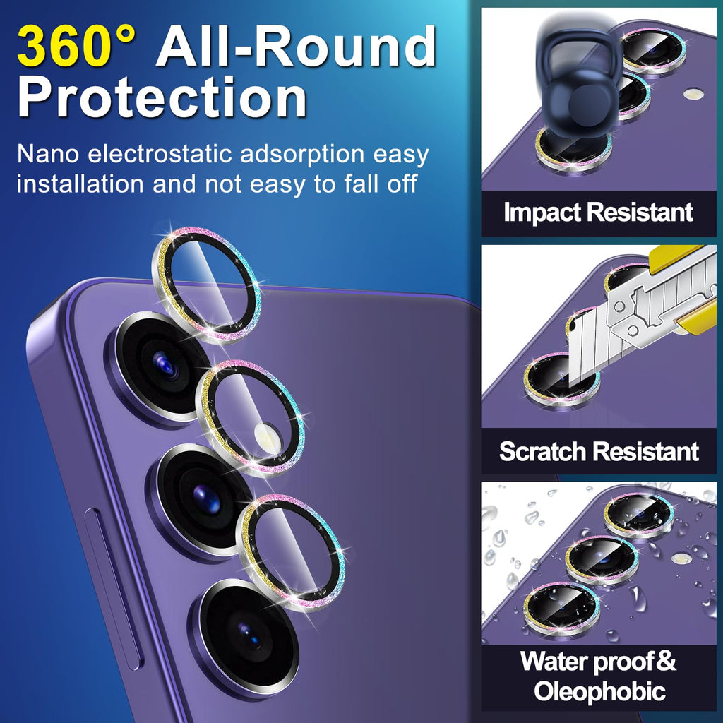 Avocase for Samsung Galaxy S24 Plus Camera Lens Protector, Individual Metal Ring Tempered Glass Lens Cover, [Strong Adsorption] Scratch Resistant Ultra-Thin HD Clear Lens Cover, 1 Set-Colorful Sparkly