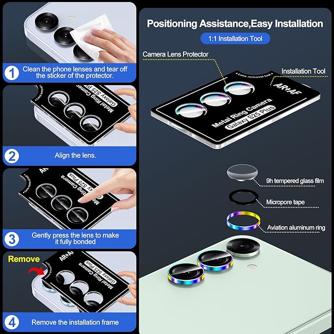 for Samsung Galaxy S25 Plus Camera Lens Protector, Individual Metal Ring Tempered Glass Lens Cover, [Strong Adsorption] Scratch Resistant Ultra-Thin HD Clear Lens Cover, 1 Set-Colorful Ring