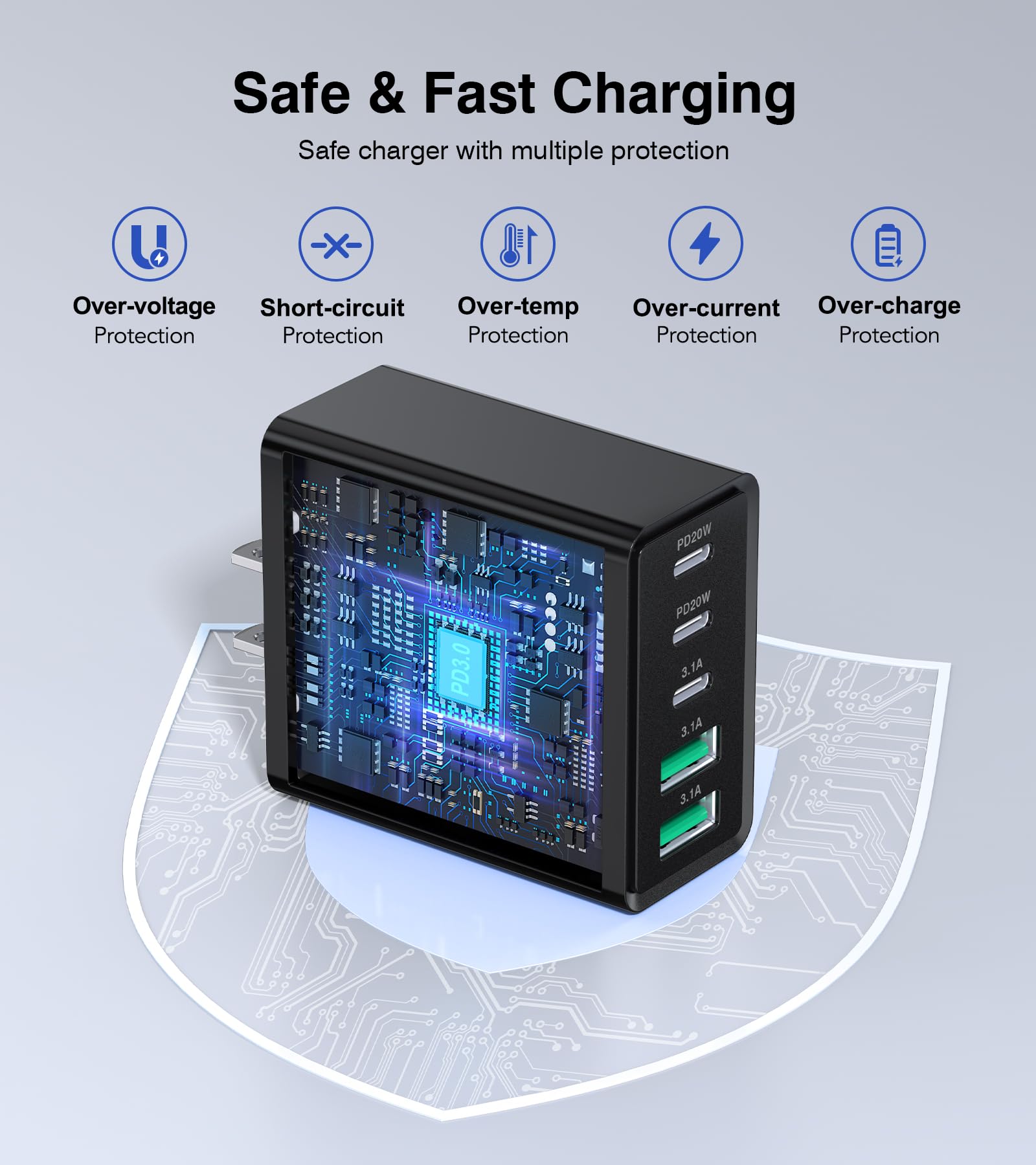 [2-Pack] USB C Wall Charger, 60W Type C Charger Block 5-Port Fast Charging Blocks,3USB C+2USB A Multiport Plug,PD Power Adapter Brick Cube for iPhone 17/16/15/14/13/Pro,iPad,Samsung,for Switch（Black）