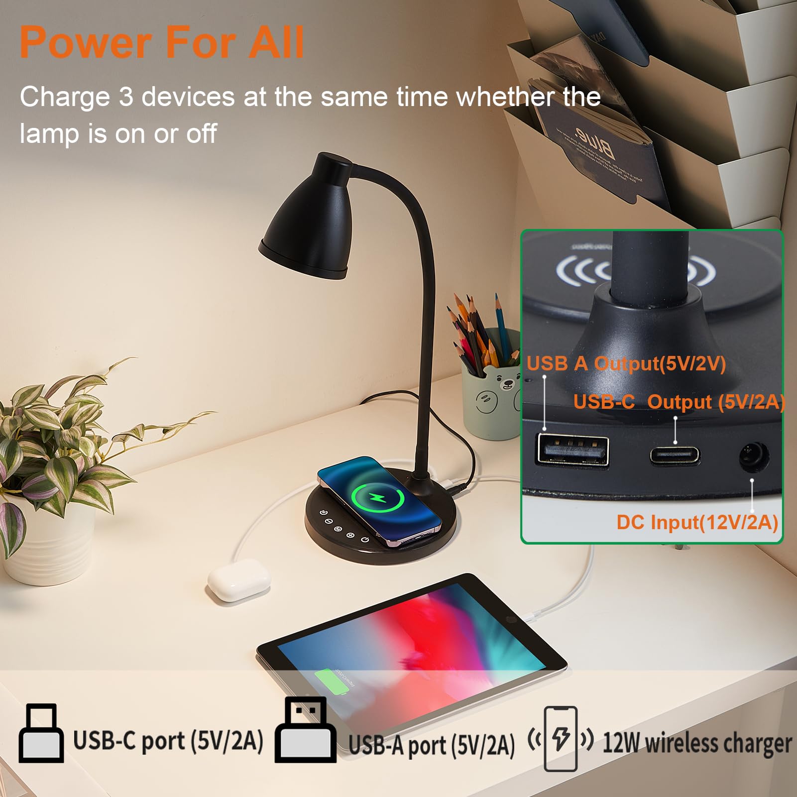 BOHON Desk Lamp for Home Office with USB C+A Charging Ports Timer Black