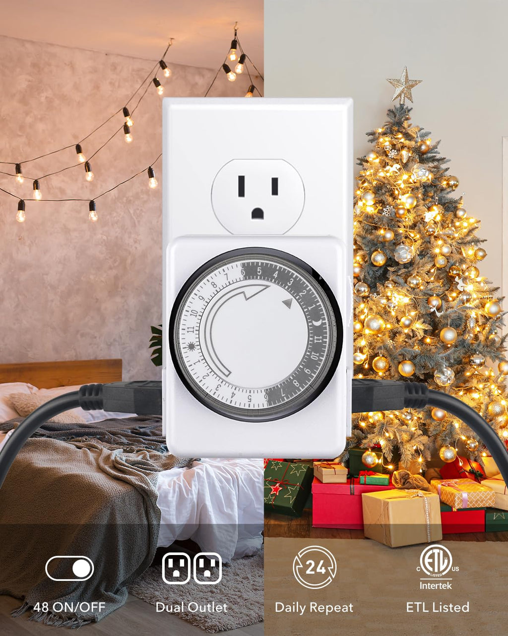 HBN Indoor Outlet Timer, 24 Hour Mechanical Plug Dual Outlets 2 Pack