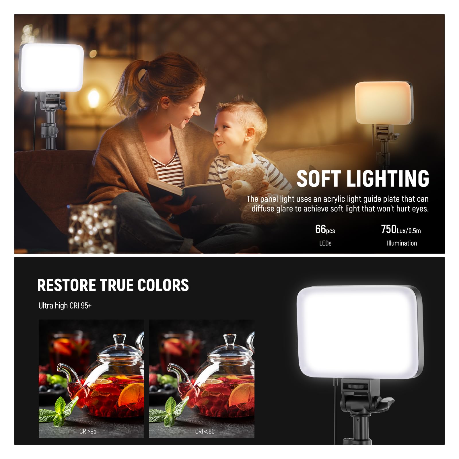 NEEWER Basics 2 Pack LED Video Light Panel Lighting Kit, Bi Color Dimmable Portable Studio Lights with Stands & Filters, 3200K-5600K 750lux CRI95 for Video Recording Live Streaming Photography, BP66