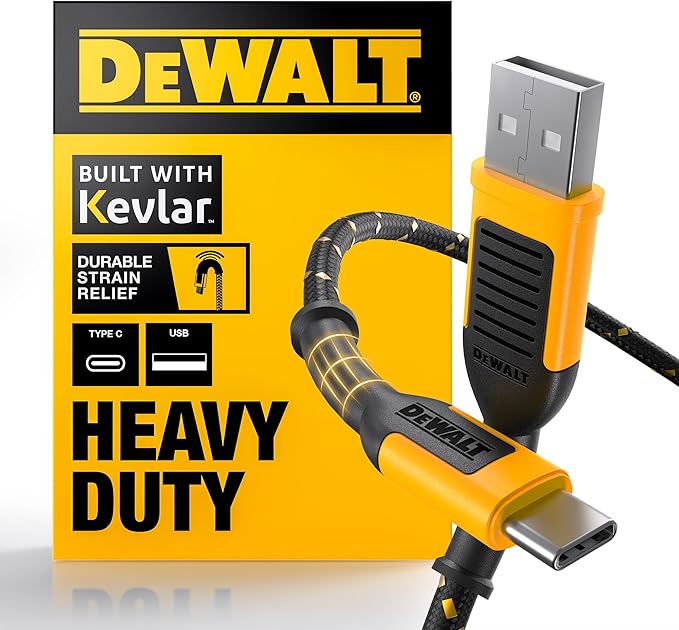DEWALT Heavy Duty USB C Cable, Premium Braided Nylon USB A to Type C Charger Cable Fast Charging for iPhone 16 Series, iPhone 15 Series, Samsung Galaxy S10 S10+ / Note 9, LG V30 (USB 2.0, Black)