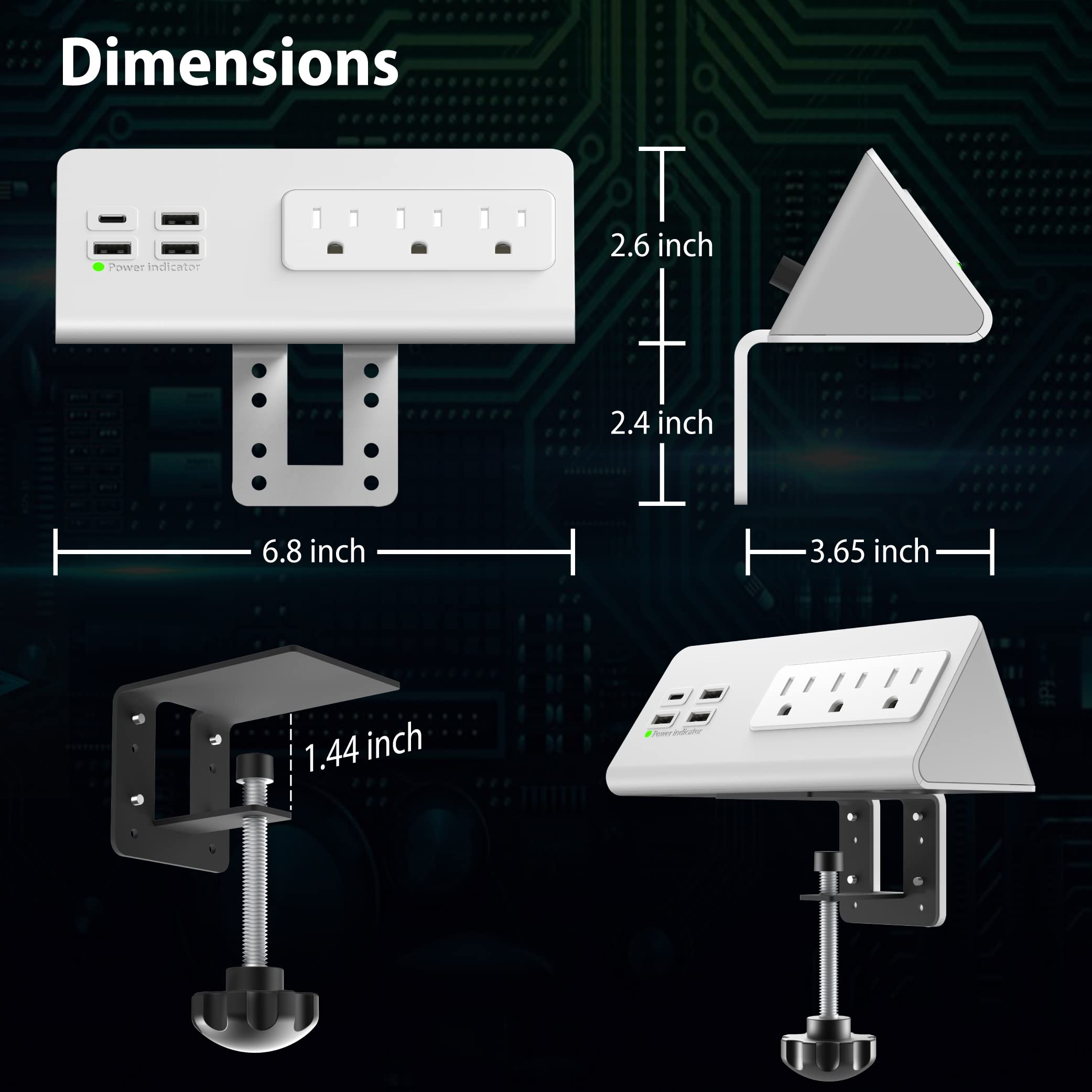 Nightstand Edge Mount Power Strip with USB-C Ports Tabletop Surge Protector Desk Clamp Power Sockets with 3 AC Outlets &4 Fast Charging USB Ports for Home Office Hotel and Dormitory