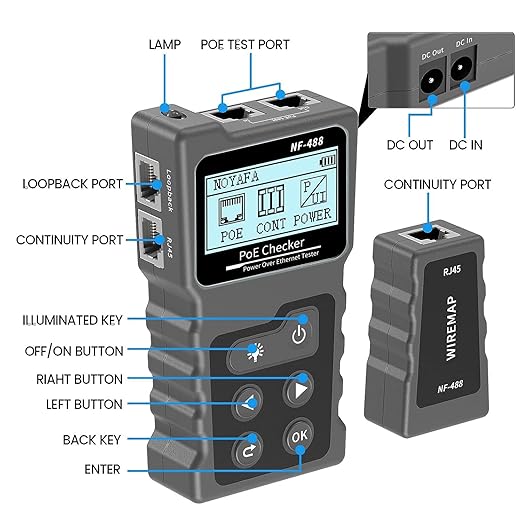 NF-488 Network Cable Testers RJ45 Continuity Checking CAT5 CAT6 LAN Ethernet Cables POE Ethernet Power Tester DC Power & Switch Loop-Back Test POE Detector Network Tool