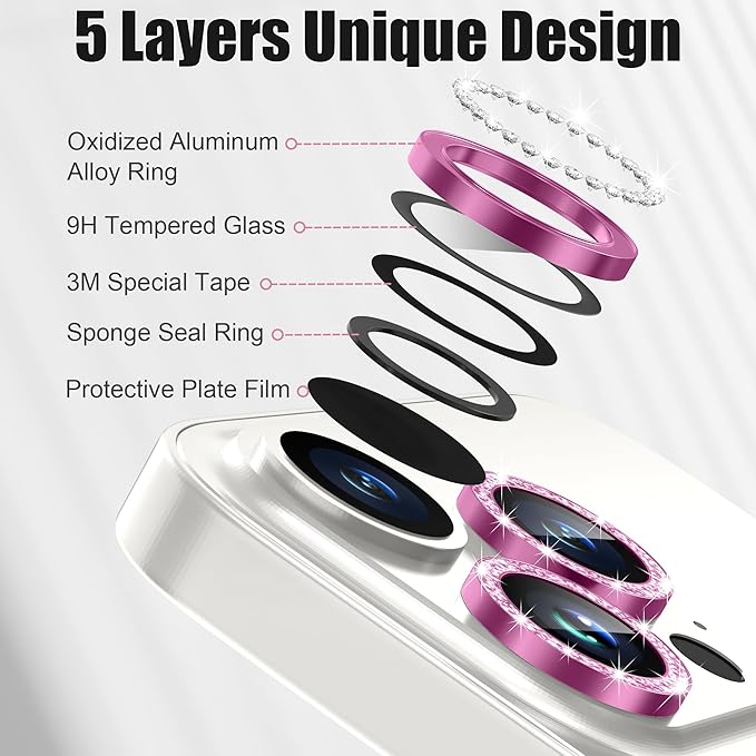 AGVEE 3+3 6 Pack for iPhone 15 Pro 6.1" / 15 Pro Max 6.7" Camera Lens Cover Protector, Bling Diamond & Bling Glitter Metal Ring 9H Tempered HD Glass Camera Cover Protector Film, Bling-Rose