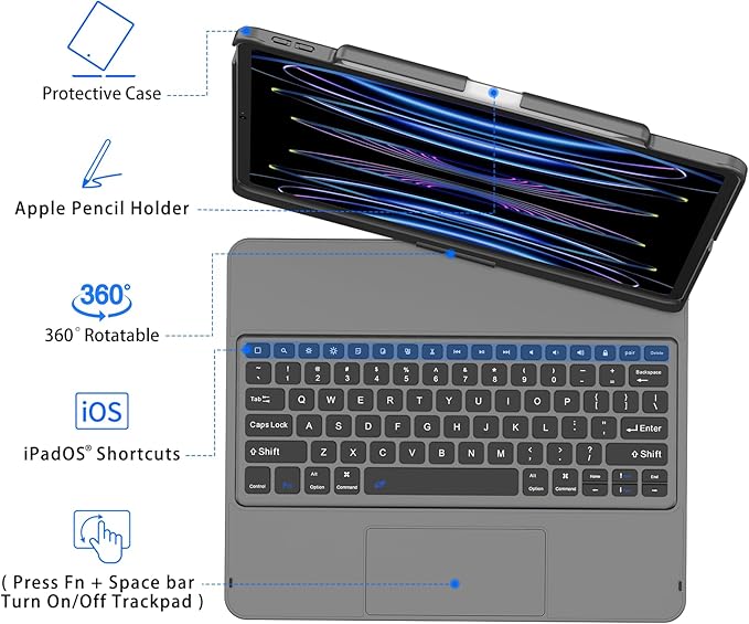 GGH Touch for iPad Keyboard Case Air 13 (M3 2025 / M2 2024) &12.9 iPad Pro (6th,5th,4th, 3rd Gen),360° Rotatable Protective Cover Multi-Touch Trackpad Keyboard Case with Pencil Holder - Grey