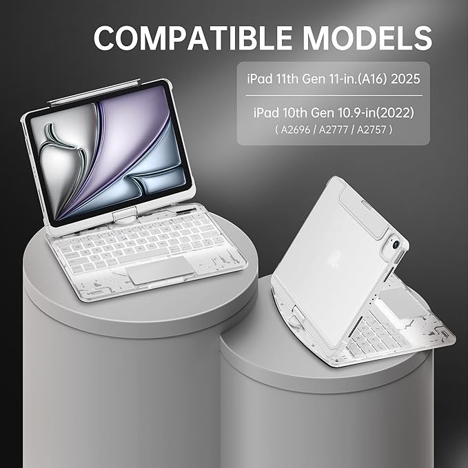 GUSGU Transparent Case with Wireless Keyboard for iPad 11th Gen 11-in.(A16, 2025), 2022 iPad 10th Gen 10.9-in, 7 Colors Backlight, Trackpad, 360°Rotating Stand, Tech Style