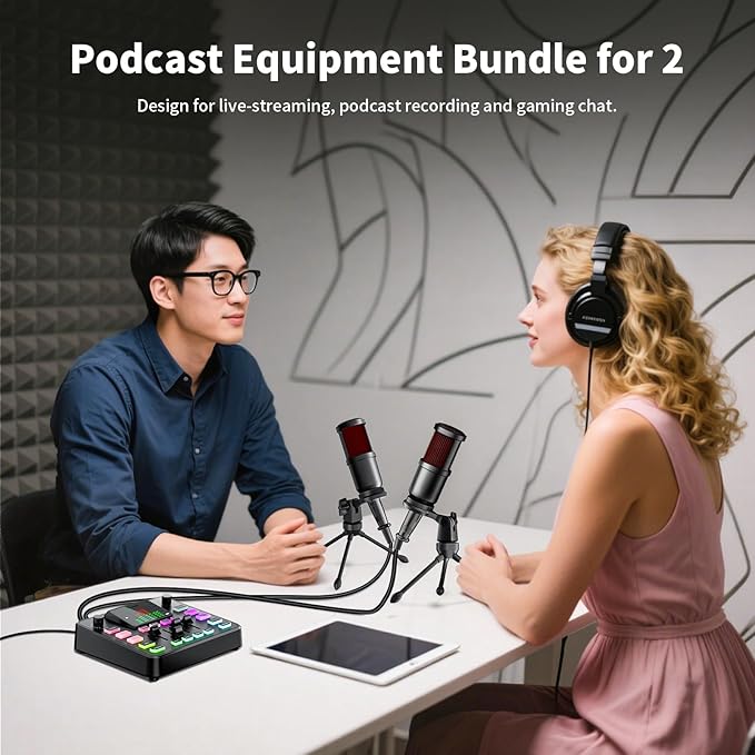 Podcast Equipment Bundle, PUPGSIS Audio Mixer with Dynamic Microphone, Pro-preamp, Bluetooth 5.3, Gaming Equipment Set for Podcast Recording, Live Streaming, Video Vocals, Phone, DJ