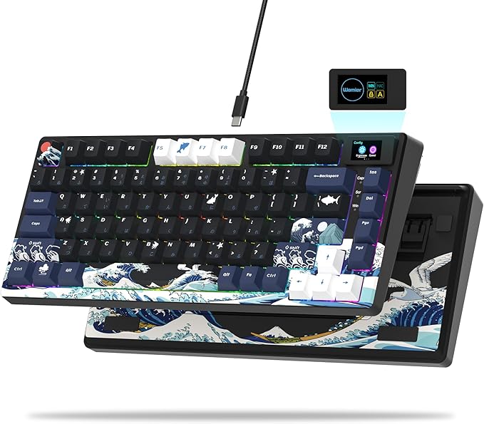 Womier S-K80 75% Keyboard with Color Multimedia Display Mechanical Gaming Keyboard, Wired Hot Swappable Gasket Mount RGB Custom Key Board, Pre-lubed Stabilizer for Mac/Win, Black Kanagawa