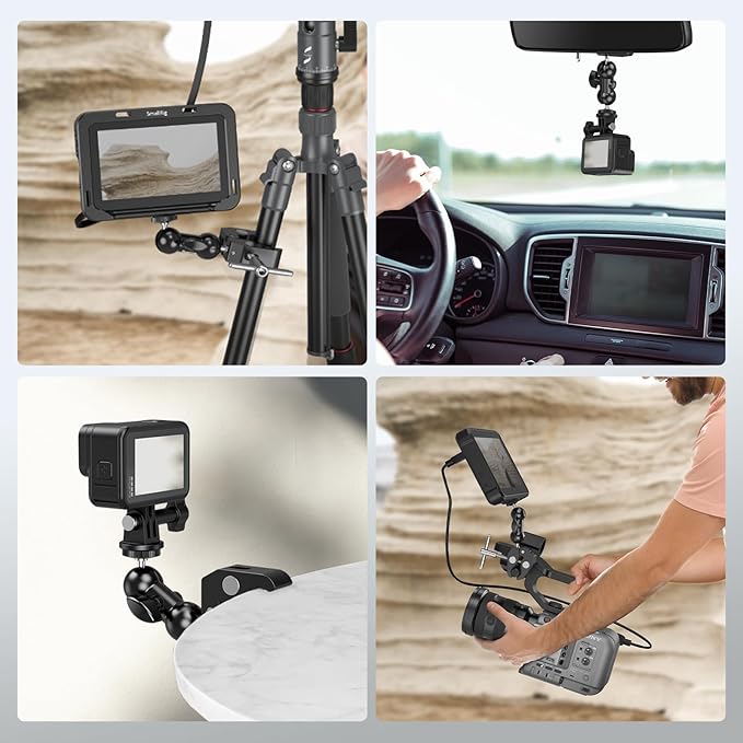 SMALLRIG Super Camera Clamp Mount, Double Ball Head Magic Arm Adapter, Fence/Desk/Tripod Mount for Monitor/Light/Camera, for Insta360, for Gopro