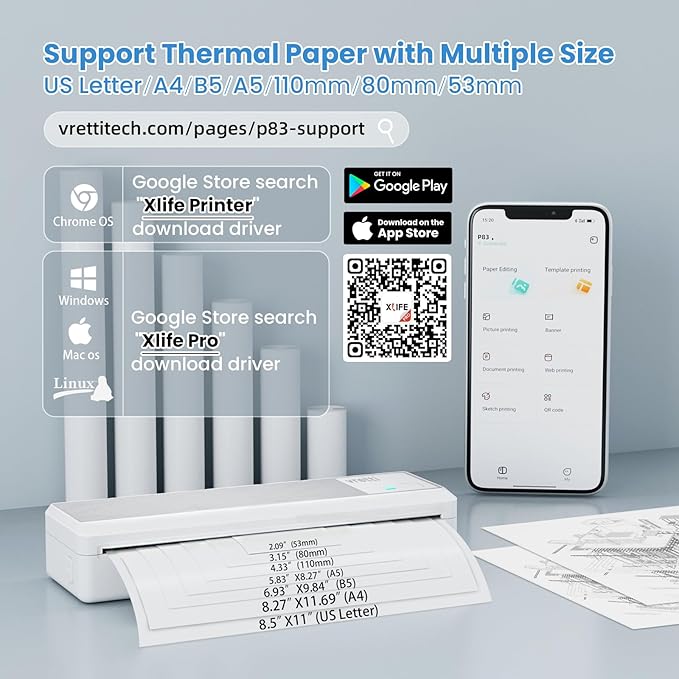 vretti P83 Portable Printers Wireless for Travel, A4 Portable Thermal Printer, Mobile Inkless Printer Compatible with Phone & Laptop, Supports 8.5 x 11 US Letter for Car School Office Home Use, White