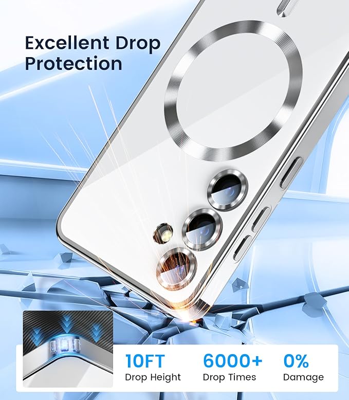 Slim Thin for Samsung Galaxy S25 Case, Compatible with MagSafe, Built-in Camera Lens Protector, Shockproof Protective Phone Case, Soft Electroplated Clear Phone Cover, Silver
