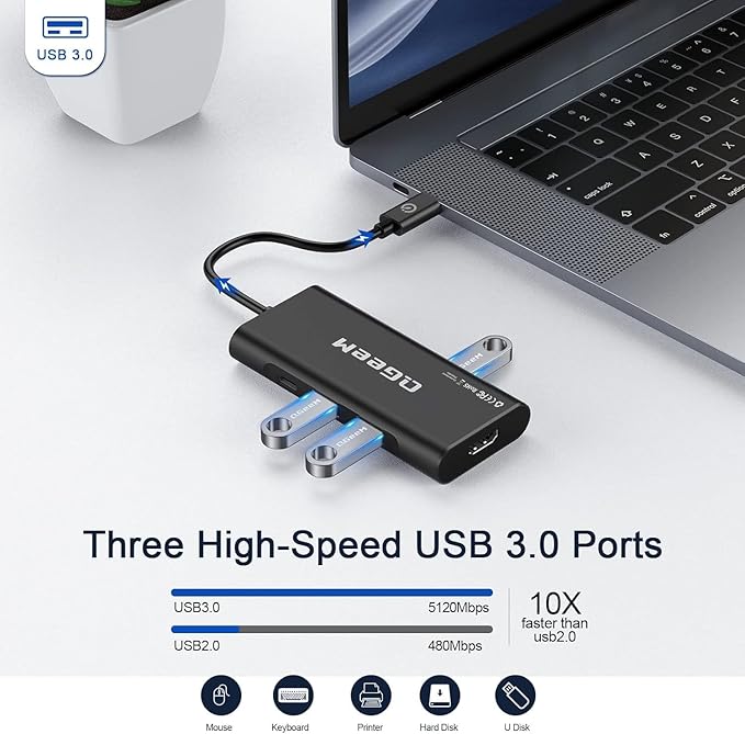 USB C Hub, QGeeM USB 4k to HDMI Adapter, 7 in 1 USB-C Dongle with 100W PD,USB 3.0, Card Reader, Compatible for MacBook iPhone 15/16 Ipad Pro max,Chromebook Laptop USB Type C Dock-Black