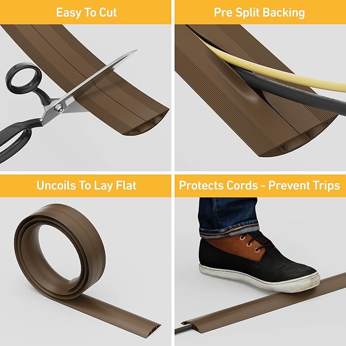 D-Line 6ft Floor Cord Cover, Cable Protector, Hide Extension Cords, Protect Cords, Prevent Cable Trips, Heavy Duty Cord Hider - Cable Cavity = 0.63" (W) x 0.31" (H) - Brown