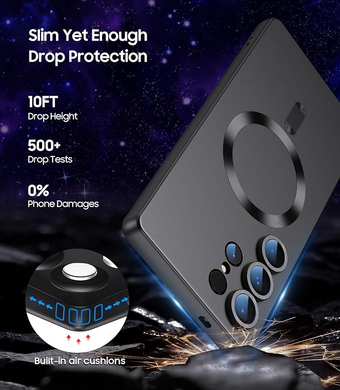 Magnetic for Samsung Galaxy S25 Ultra Case [Compatible with MagSafe][Built-in Camera Lens Protector] Slim Soft Silicone Bumper Shockproof Metallic Luster Phone Shell (Black)