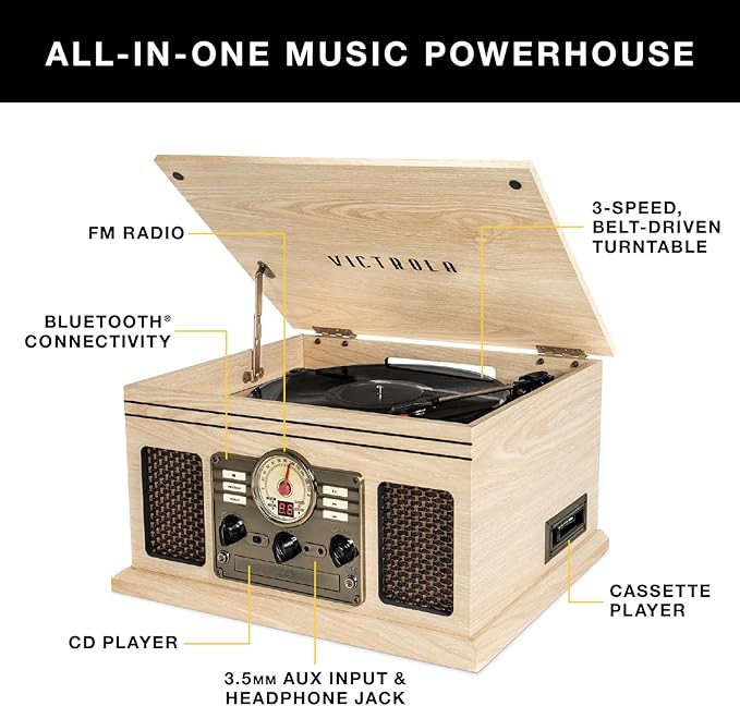 Victrola The Quincy 6-in-1 Bluetooth Record Player & Multimedia Center with Built-in Speakers – 3-Speed Turntable, CD & Cassette Player, AM/FM Radio, Wireless Music Streaming (Mahogony)