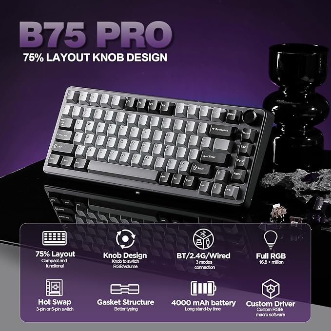 YUNZII B75 PRO 75% Wireless Mechanical Keyboard (Dark Grey,Cocoa V2)