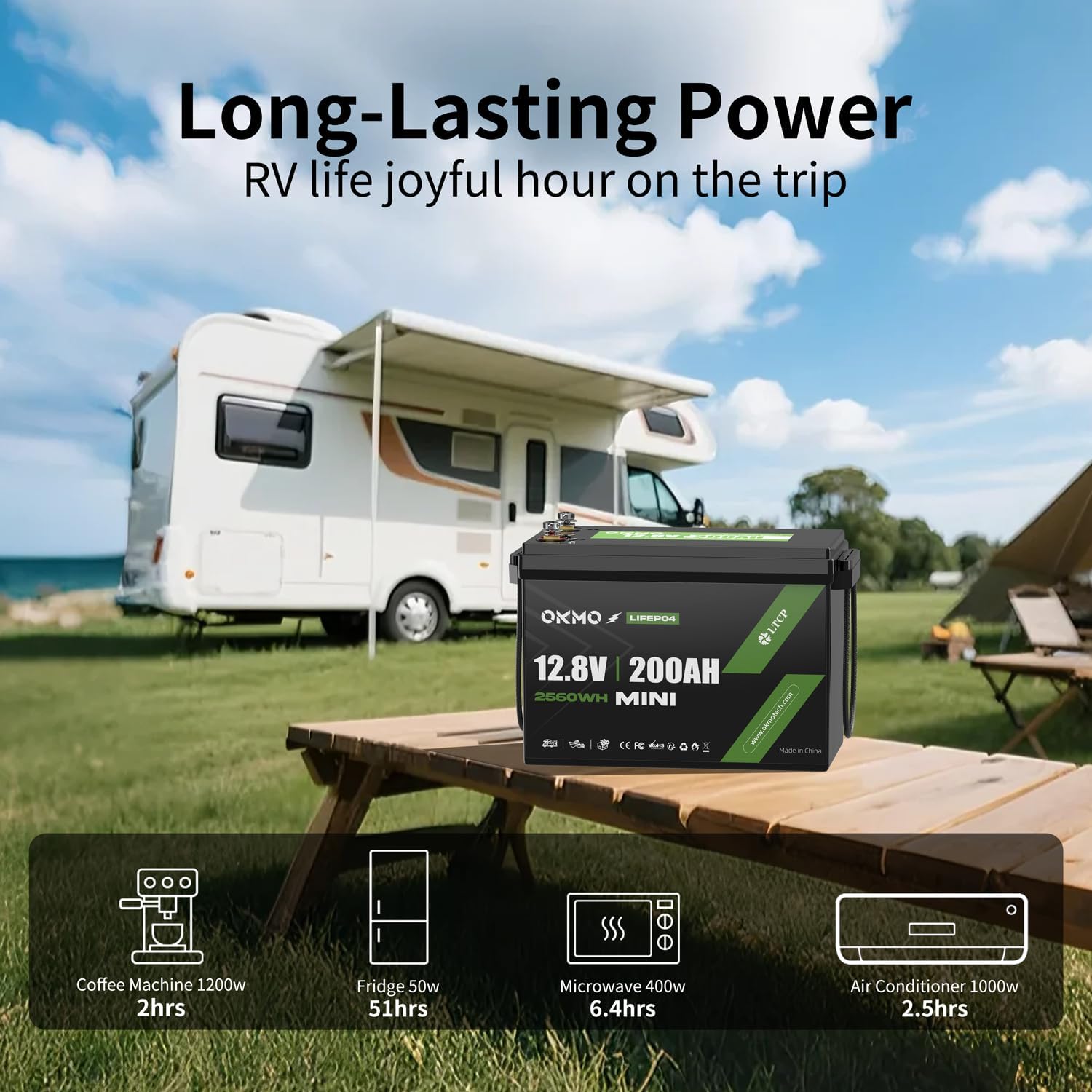 OKMO 200Ah LiFePO4 Battery 12V Updrade Mini Size, 10 Years 15000+ Deep Cycles, for RV, Van, Home Solar Energy Storage Off-Grid, Marine Boat Trolling Motor