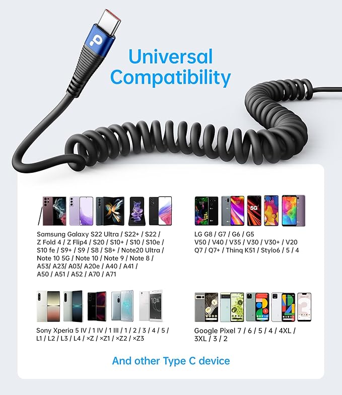 USB C Cable 3ft 2Pack Coiled USB A to USB C Charge Cord for Car, USB-C Charging Cable Compatible with iPhone 16/15/Plus/Pro/Pro Max/Samsung Galaxy S20 S10 S9 S8 Plus Note 10 9 and Other USB C Devices