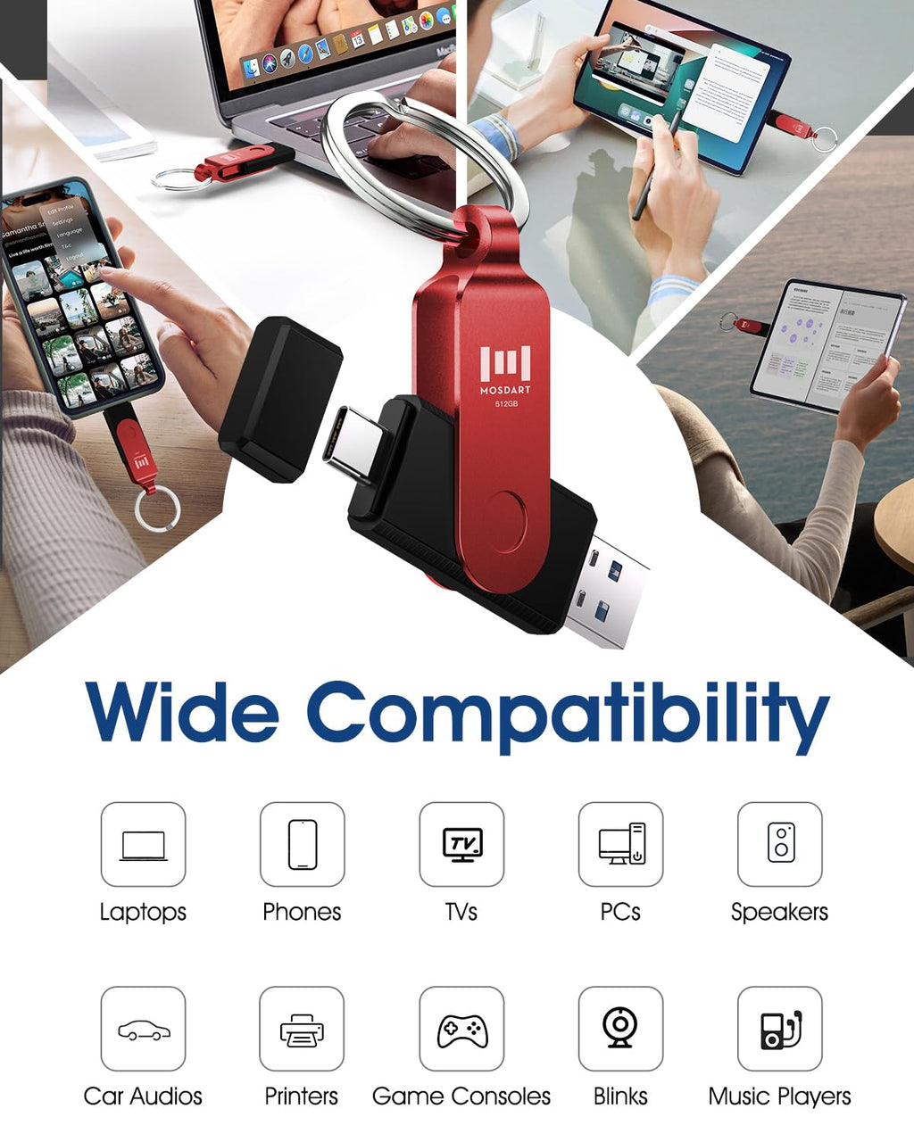 MOSDART 512GB USB C and A 3.2 150MB/s Dual Flash Drive with Keychain, Red
