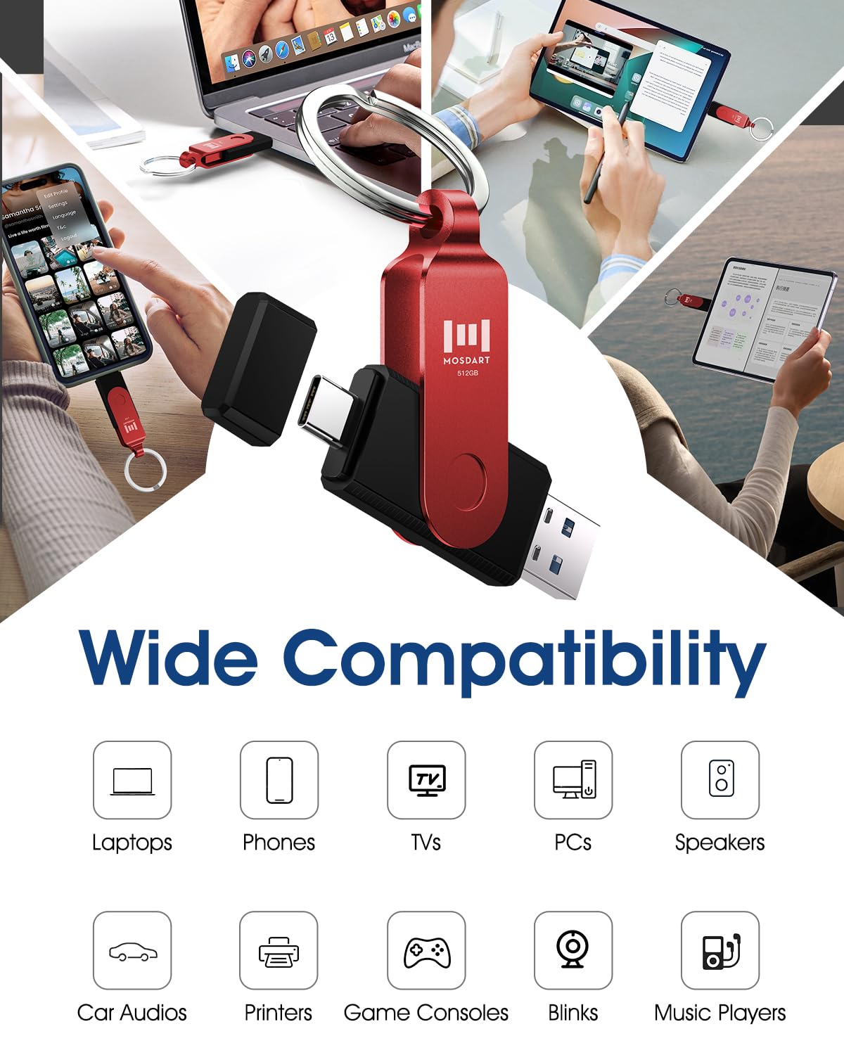 MOSDART 512GB USB C and A 3.2 150MB/s Dual Flash Drive with Keychain, Red
