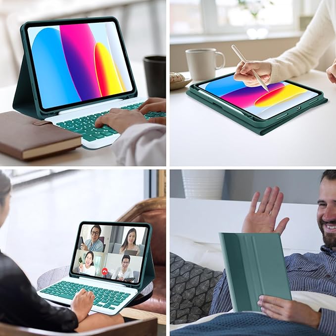 MMK iPad A16 Case (2025, 11"), iPad 10th Generation Case with Keyboard (2022, 10.9"), Wireless Detachable Keyboard, Pencil Holder (Dark Green)