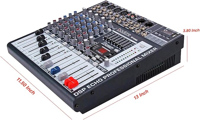 Boytone BT-60MX, 6 Channel Bluetooth Audio Mixer - DJ Sound Controller, USB MP3 Player, 4 XLR Microphone Jack, 7 Band EQ, 16 DSP Digital Multi Effects Processor, RCA IN-OUT Jack, 48V Phantom Power
