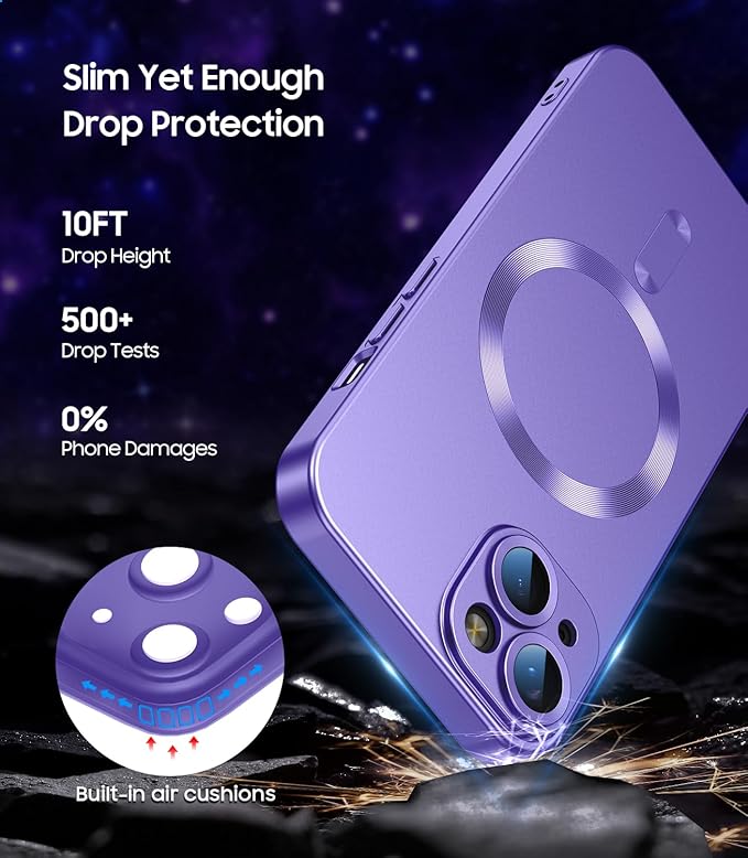 Magnetic for iPhone 14 Case [Compatible with MagSafe][Built-in Camera Lens Protector] Slim Soft Silicone Bumper Shockproof Metallic Luster Phone Case (Purple)