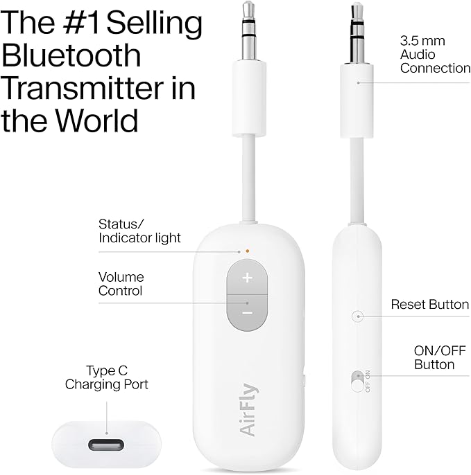 Twelve South AirFly SE | Bluetooth Wireless Audio Transmitter Adapter for AirPods/Headphones, 20+ Hr Battery, Works with 3.5mm aux Jacks on Airplanes, TVs, Gym Equipment, and Travel