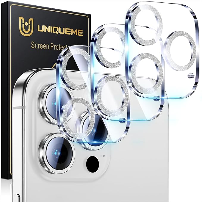 UniqueMe for 3 Pack iPhone 16 Pro/iPhone 16 Pro Max Camera Lens Protector - [Drop Protection] [Case Friendly] 9H Tempered Glass Camera Cover Screen [Update New Version] - Glitter Silver