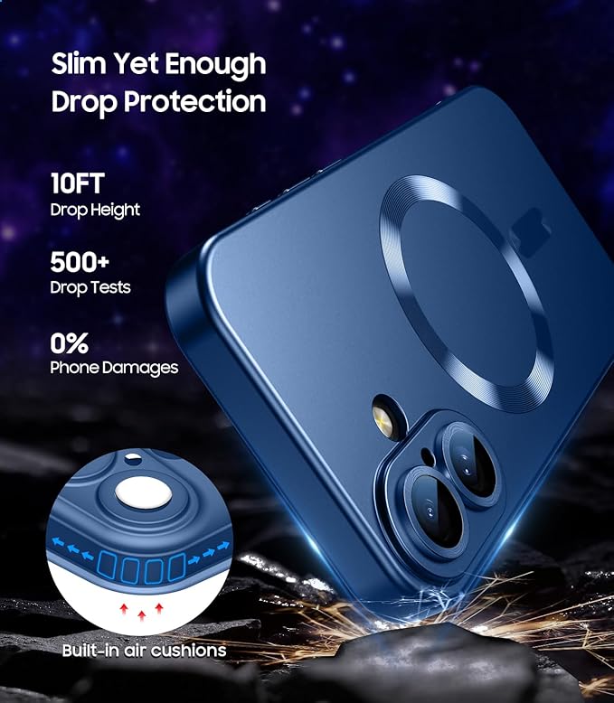 Magnetic for iPhone 16 Case [Compatible with MagSafe][Built-in Camera Lens Protector] Slim Soft Silicone Bumper Shockproof Metallic Luster Phone Case (Blue)