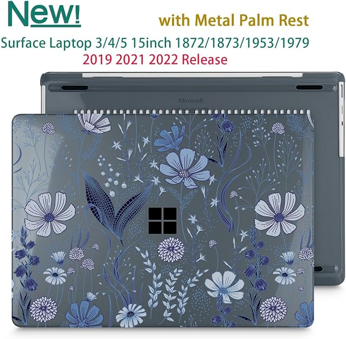 Tuiklol Case for 15 Inch Microsoft Surface Laptop 5/4/3 2022-2020, Model 1979/1953/1872/1873 Hard Shell Cover, Keyboard Cover+Screen Protector+Dust Plugs,Blue Line Floral