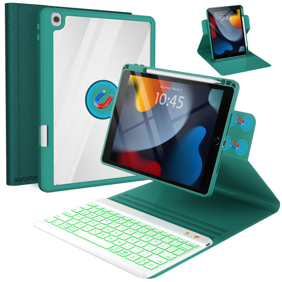 iPad 7th/8th/9th Generation Case with Keyboard 10.2-inch 2019/2020/2021, iPad Air 3rd/Pro 10.5-inch 2017 Compatible, 7 Color Backlit Keyboard BT/Wireless/Detachable with Pencil Holder (Mint Green)