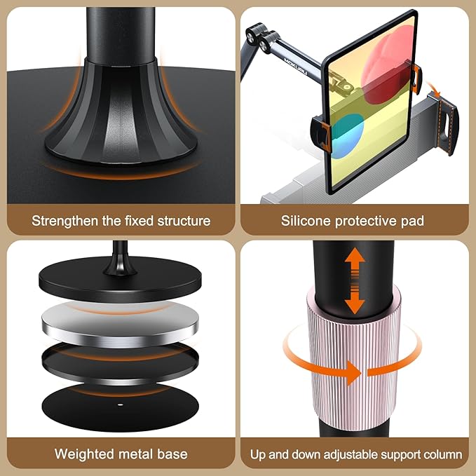 Tablet Floor Stand, Adjustable Tablet Stand, 360° Rotation Tablet Holder, Compatible with iPad, iPhone, Samsung, Google, Kindle Tablet/Phone, (4.5''-12'')