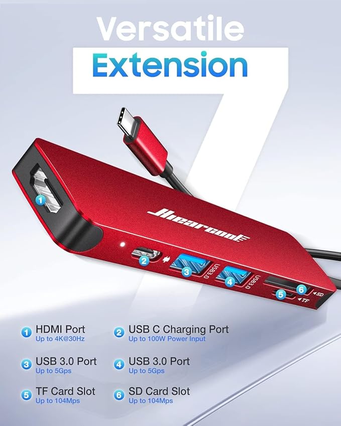 Hiearcool USB C Hub, USBC Multi-Port Adapter for MacBook iPad Pro,7 in 1 USB-C Power Delivery Dock for Steam Deck,4K HDMI Hub for Thunderbolt Laptop Docking Stations for Other Type C Devices-Red