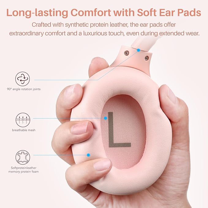 TOZO HT2 Hybrid Active Noise Cancelling Headphones, Wireless Over Ear Bluetooth Headset, 60H Playtime, Hi-Res Audio Custom EQ via App Deep Bass Comfort Fit Ear Cups, for Home Office Travel Pink