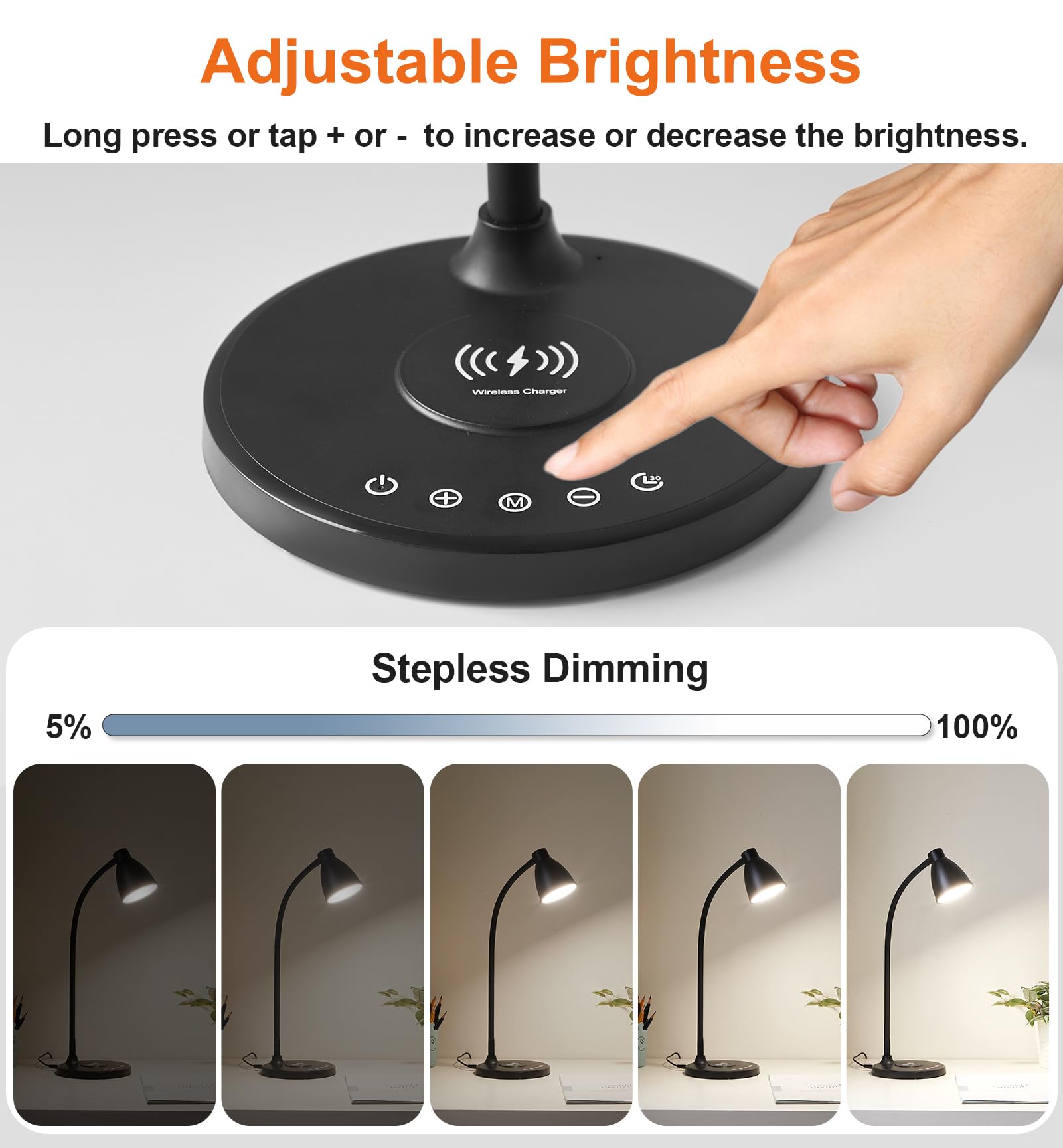 BOHON Desk Lamp for Home Office with USB C+A Charging Ports Timer Black