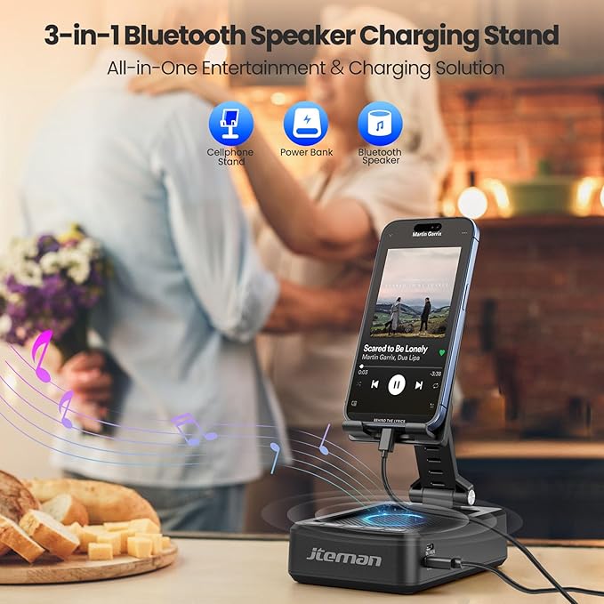 JTEMAN Cell Phone Stand with Bluetooth Speaker and Charging Function,Bluetooth Audio Power Bank Bracket,Birthday Gifts for Men Women,Kitchen Gadgets for Most Phones and Tablets-Black