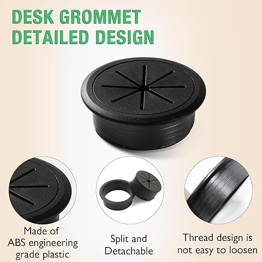 2 Pcs Desk Grommet 2" / 50 mm, Desk Hole Cover for Cables Black, Cable Grommet ABS Plastic, Desk Hole Grommet for Home & Office Pc, Detachable Cable Cord Organizer