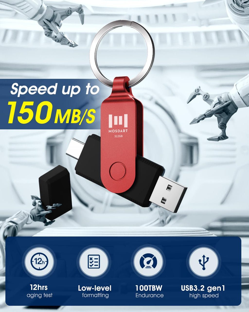 MOSDART 512GB USB C and A 3.2 150MB/s Dual Flash Drive with Keychain, Red