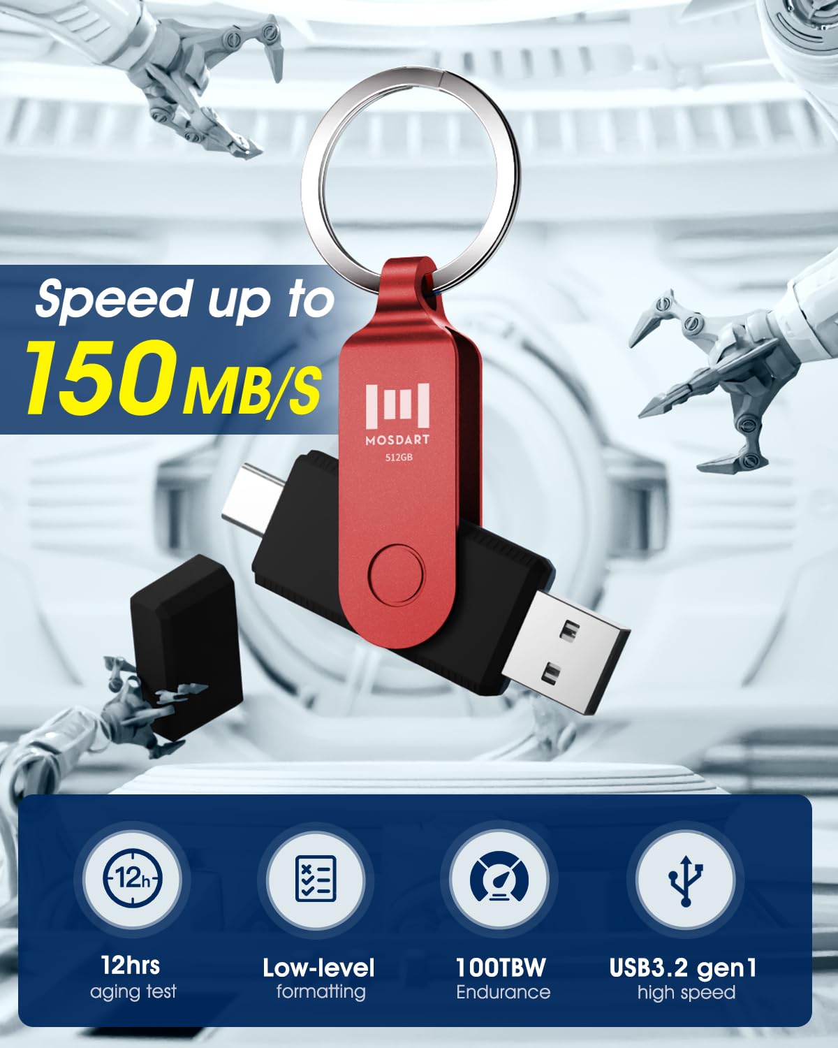MOSDART 512GB USB C and A 3.2 150MB/s Dual Flash Drive with Keychain, Red