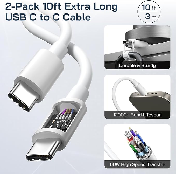 iPhone 16/15 Charger Fast Charging, 2Pack 10FT Long USB C to C Apple Fast Charging Cable Cord with 20W PD USB C Fast Charger Block for iPhone 16/15/15 Pro/15 Pro Max/15 Plus, iPad 12.9/11/10.9/Air 5/4
