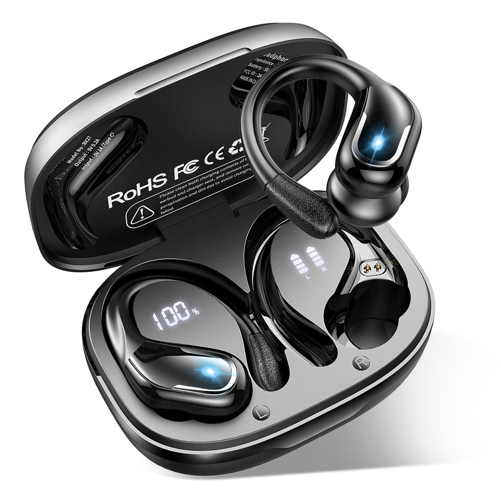 Ltinist Wireless Earbud, Bluetooth 5.3 Headphones Pure Bass Sound with Earhooks, 75H Battery Over Ear Headphones with Dual-LED Display, IP7 Waterproof Earphones Built-in Microphone for Running Sports