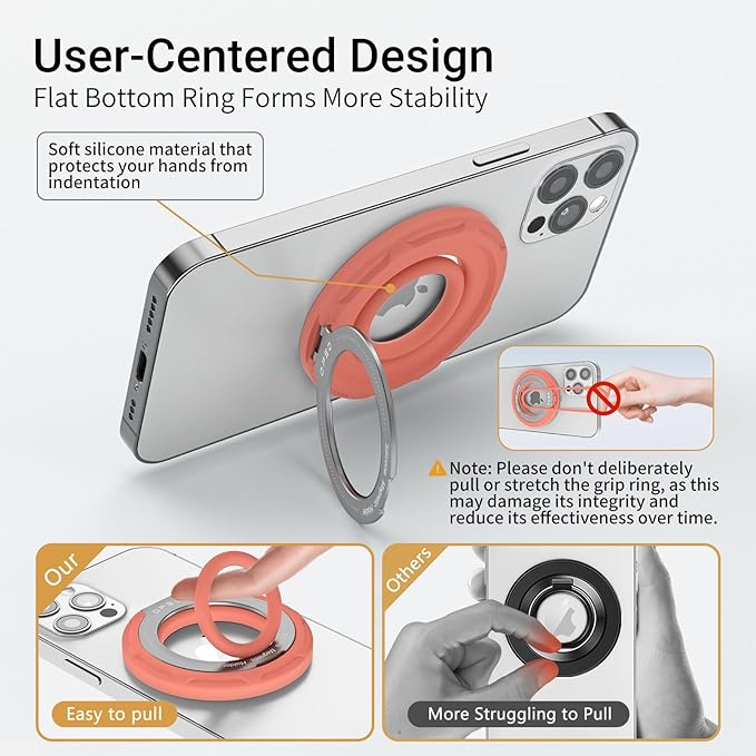 OPSO Magnetic Phone Ring Holder for MagSafe, 360 Degree Rotation Silicone Finger Ring Grip Stand Holder, Adjustable Kickstand, Compatible with iPhone 16 15 14 13 12/Pro/Max, Samsung and All Smartphone