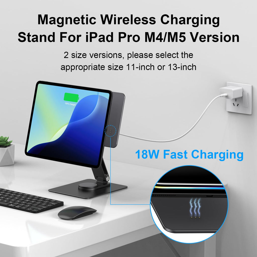 GEWOKLIY Magnetic iPad Pro M4&M5 11-inch Stand with Wireless Charging 18W, 360° Rotating Aluminum Tablet Holder for iPad Pro M4/M5 11-inch, Adjustable Desk Mount Series (M4/M5-11inch)