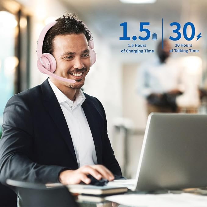 Wireless Headset with Mic, 2.4GHz Bluetooth Headset with AI Noise Cancelling Microphone & Charging Base, Wireless Headphones with USB Dongle for PC (Pink, L)